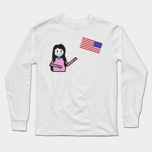 Girl with face mask holding the USA flag Long Sleeve T-Shirt